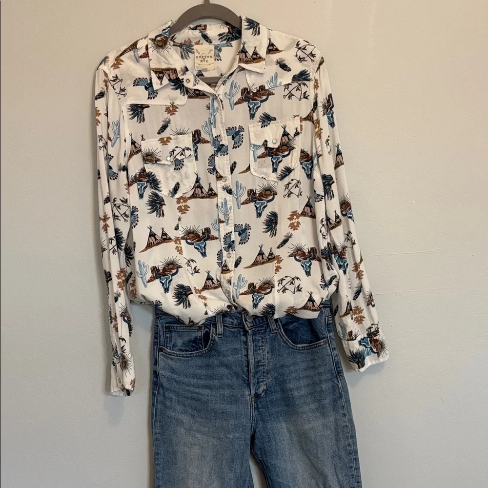 Women's White Medium Western Desert Print Button Down Shirt - Picture 10 of 10